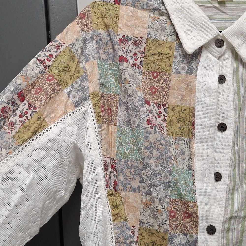 POL Oversized Button UP Boho GYPSY Shirt WITH Lace - Picture 4 of 8